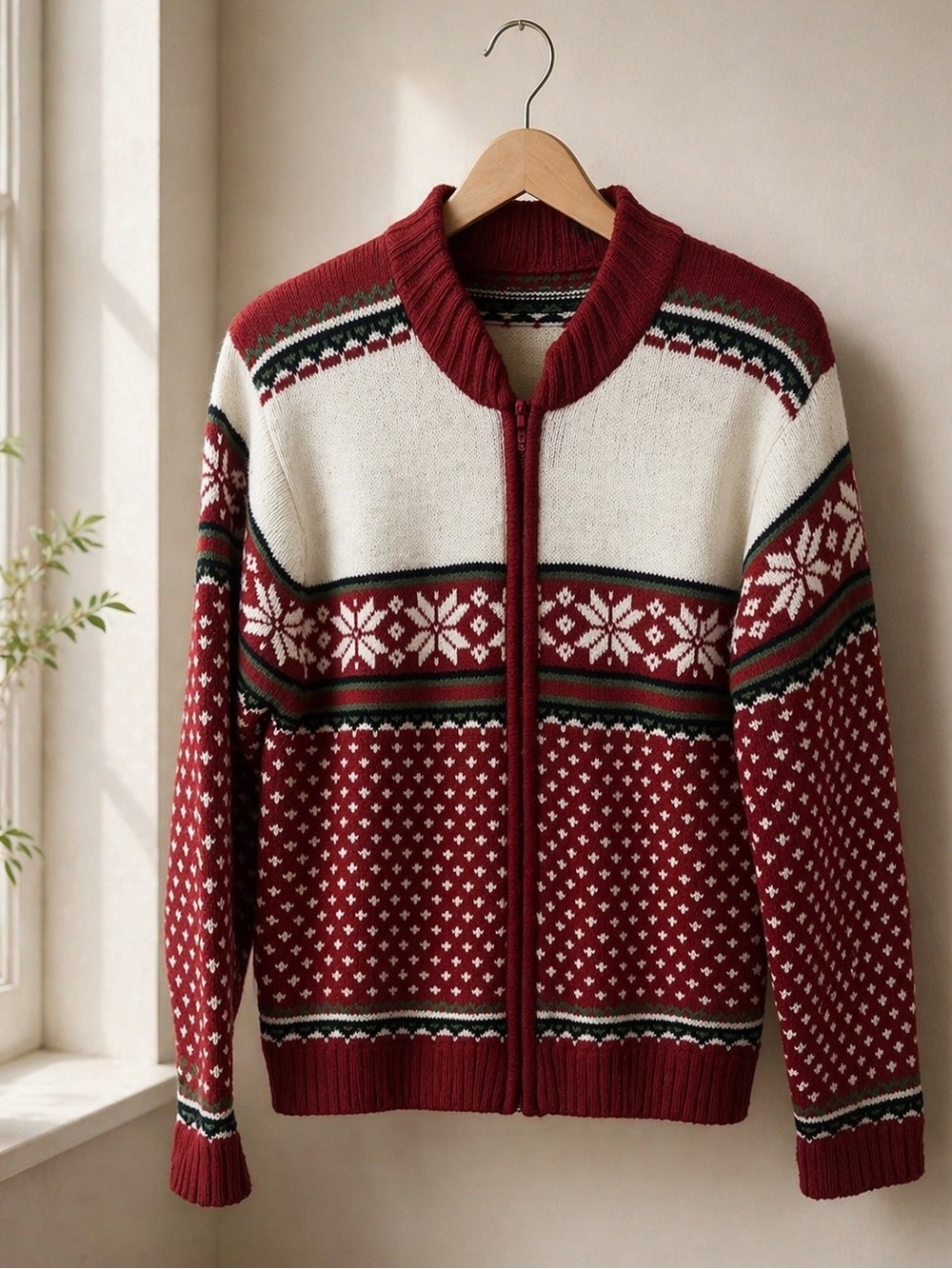 Vintage Full Zip Fair Isle Cardigan Medium Snowflake Ski Nordic Cabincore Winter